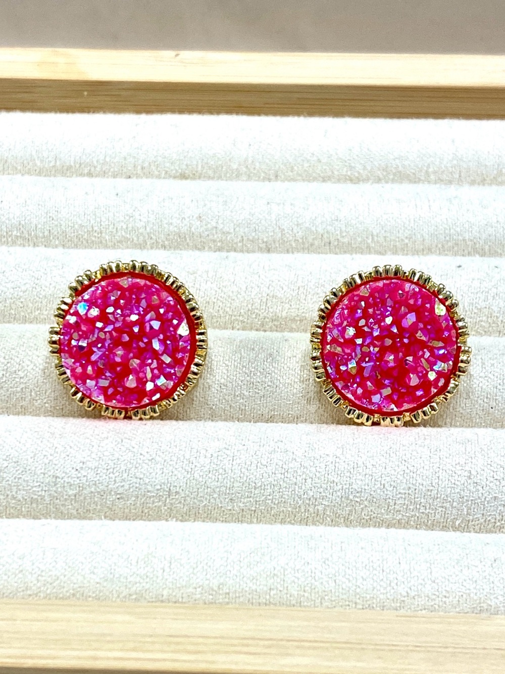 Hot Pink Iridescent Druzy Faux Quartz Crystal Round Statement Stud Earrings Gold